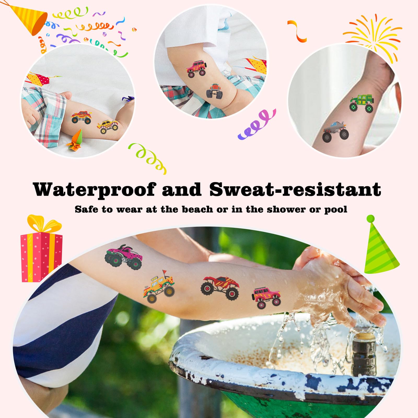 Kopokita Monster Truck Tattoo pattern 06 withstands swimming without flaking.