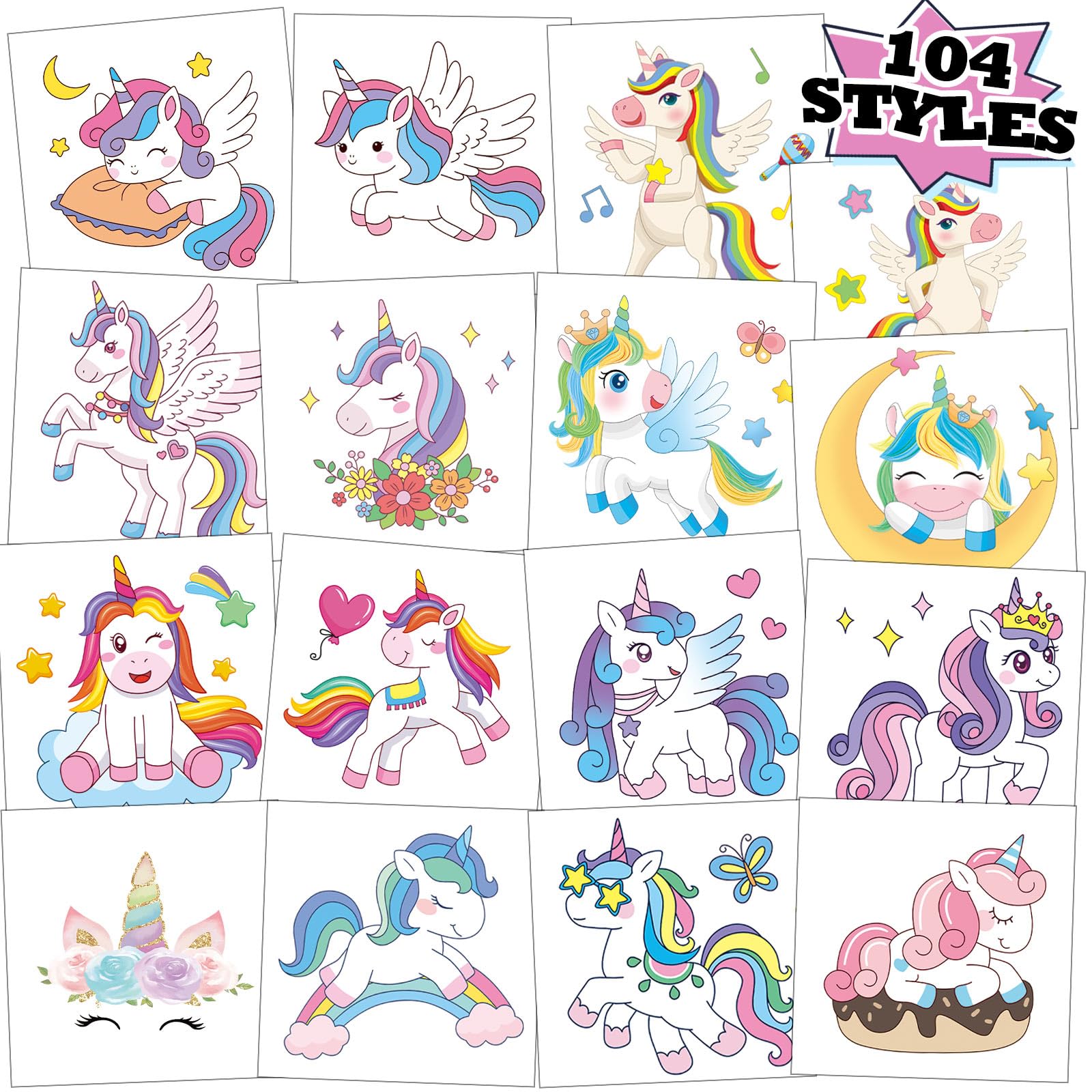 Kopokita unicorn tattoos pack cover shows 104 designs for party favors.