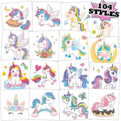 Kopokita unicorn tattoos pack cover shows 104 designs for party favors.