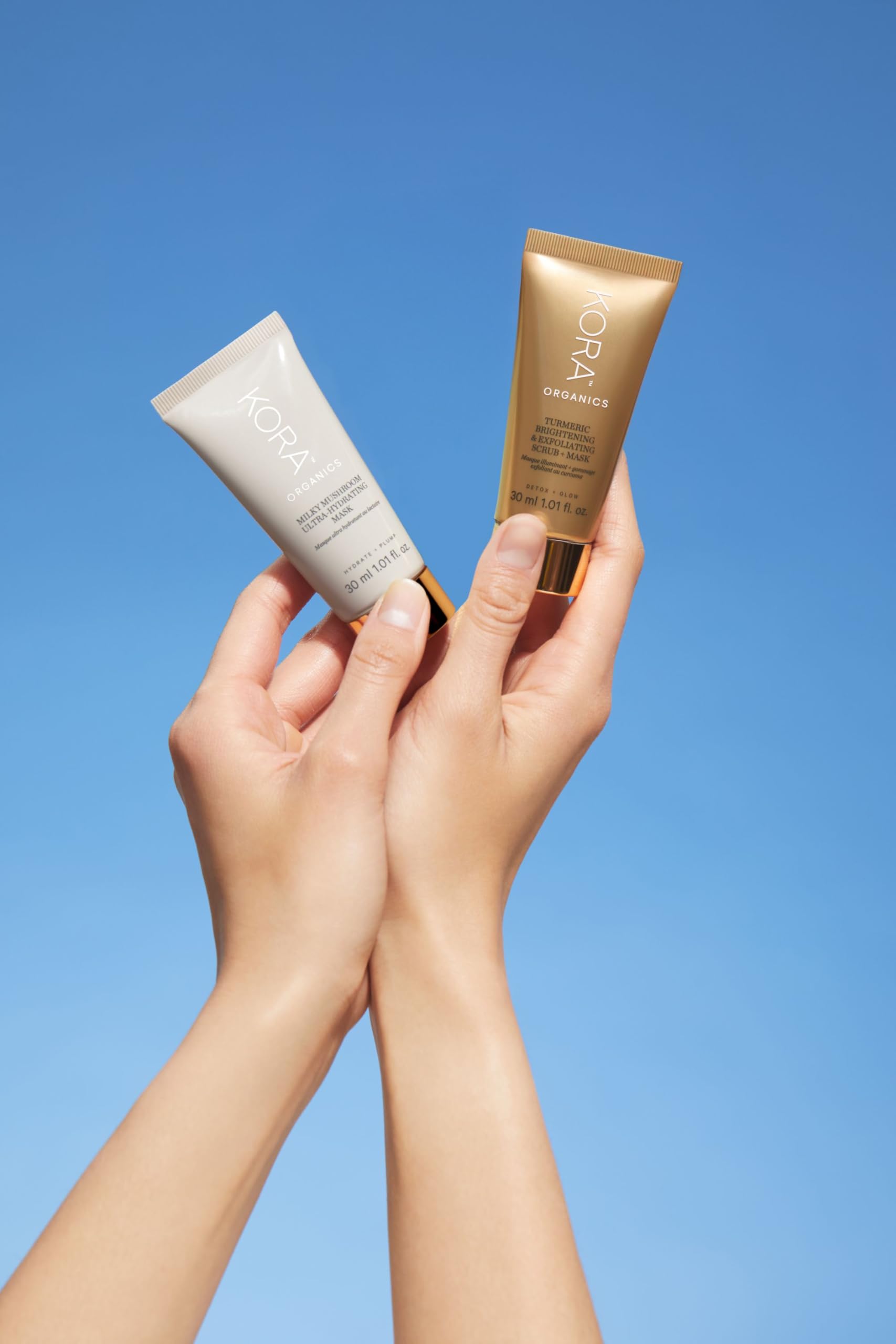Damp skin massage demonstration with KORA Organics mask before rinse.