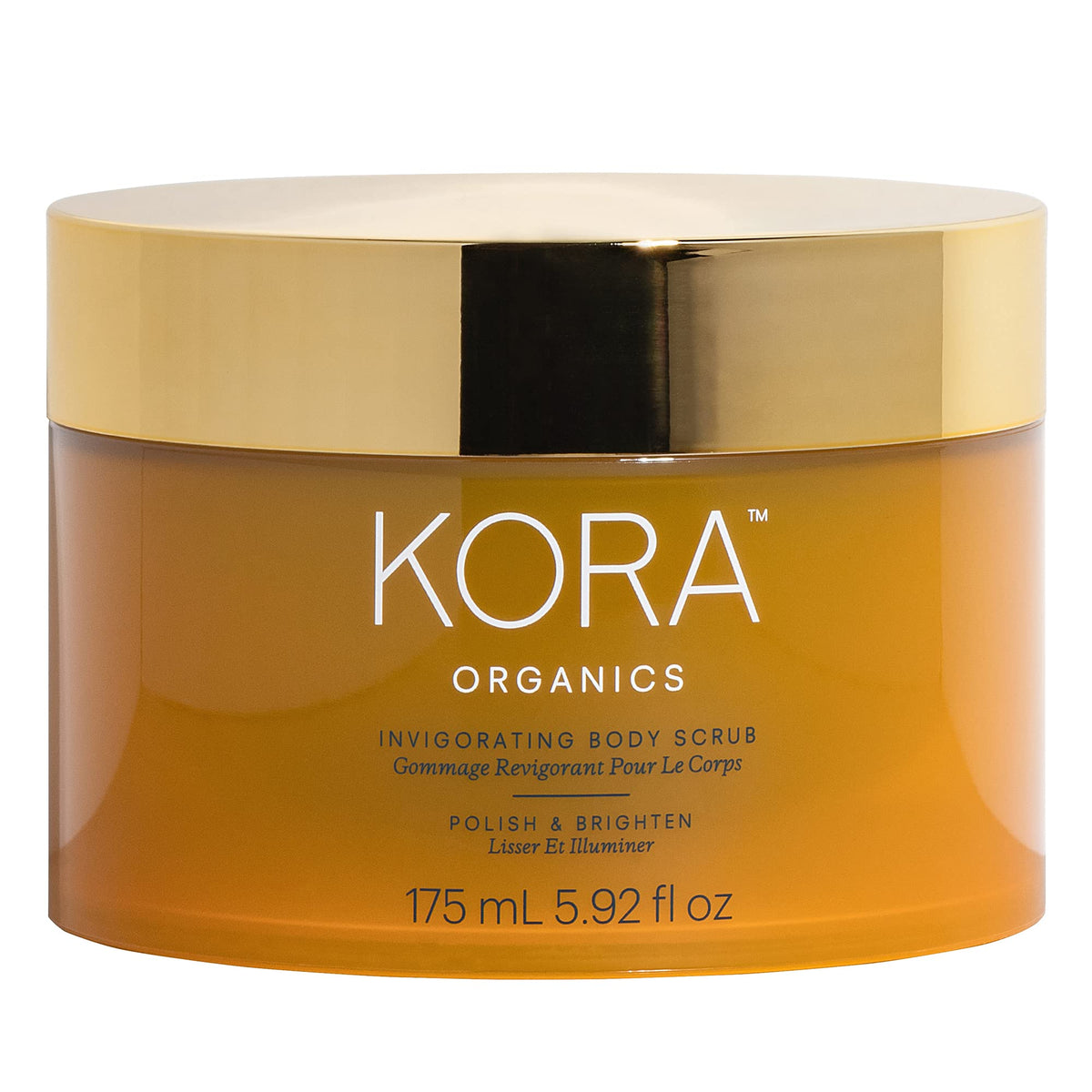 KORA Organics Invigorating Body Scrub bottle with turmeric exfoliation for glowing skin