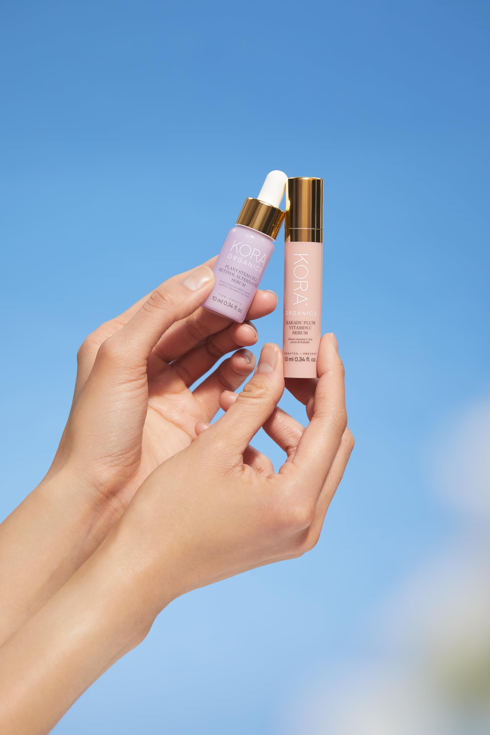 Morning and night routine with KORA Organics plant stem cell serum in hand.