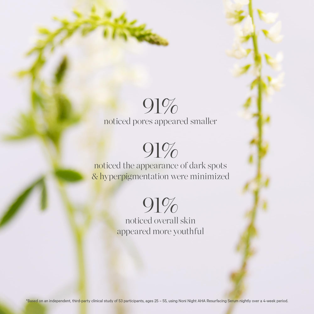 KORA Organics Noni Night AHA Serum ingredients close-up featuring lactic acid and citrus extracts