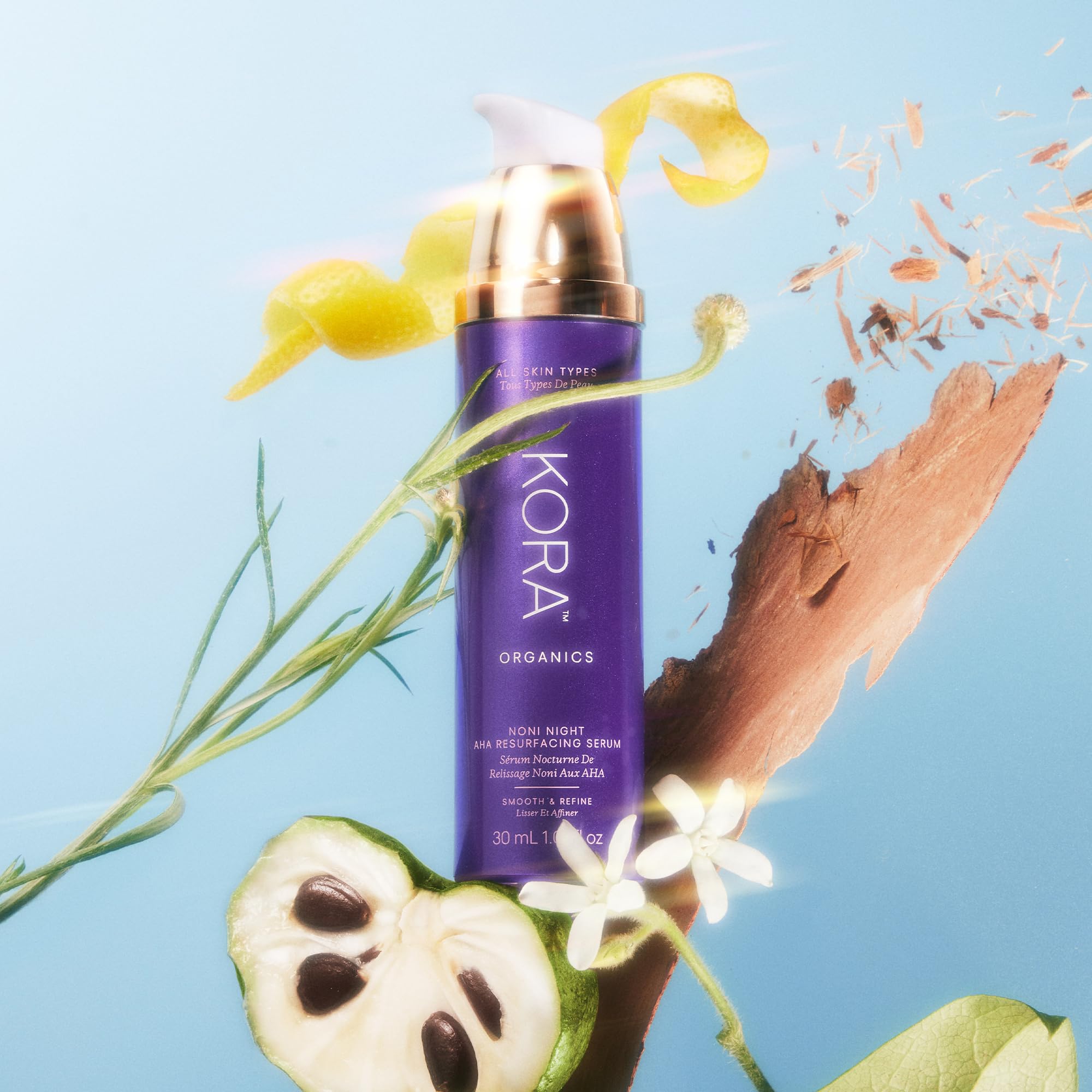 KORA Organics Noni Night AHA Serum night routine with moisturizer