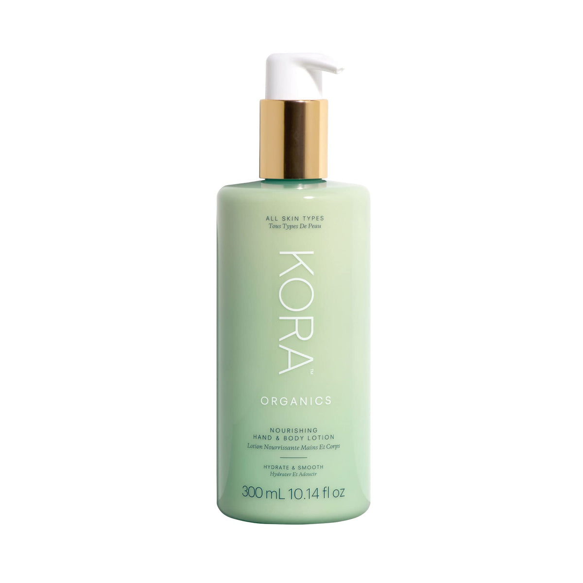 KORA Organics Renewing Hand & Body Lotion bottle showing lightweight hydration for dry skin.