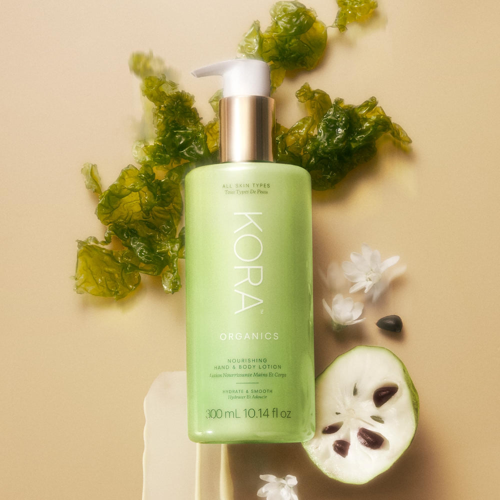 KORA Organics Renewing Hand & Body Lotion scent notes of rose, geranium, and basil.