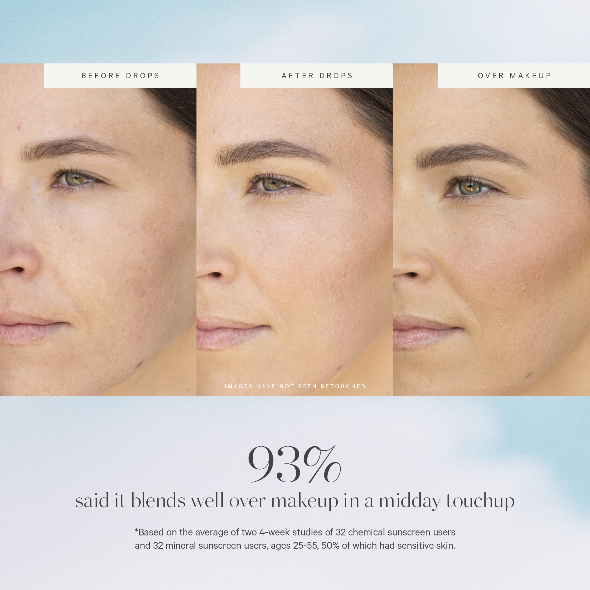Silky Sun Drops applied over makeup for refreshed protection during the day
