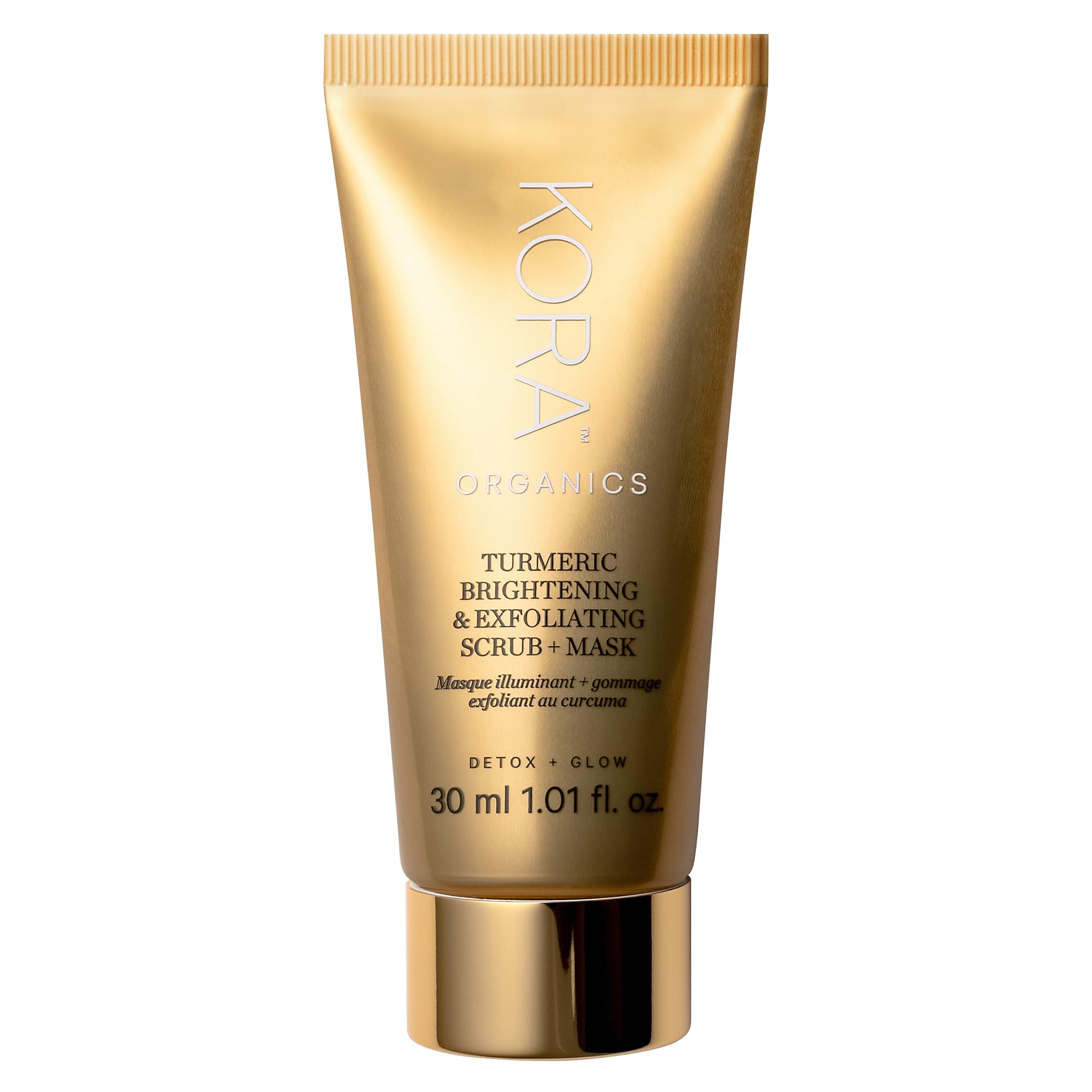 KORA Organics turmeric mask travel size packaging ideal for gentle exfoliation and brightening.