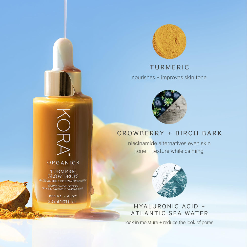 KORA Organics Turmeric Glow Drops packaging showcases vegan, cruelty-free identity.