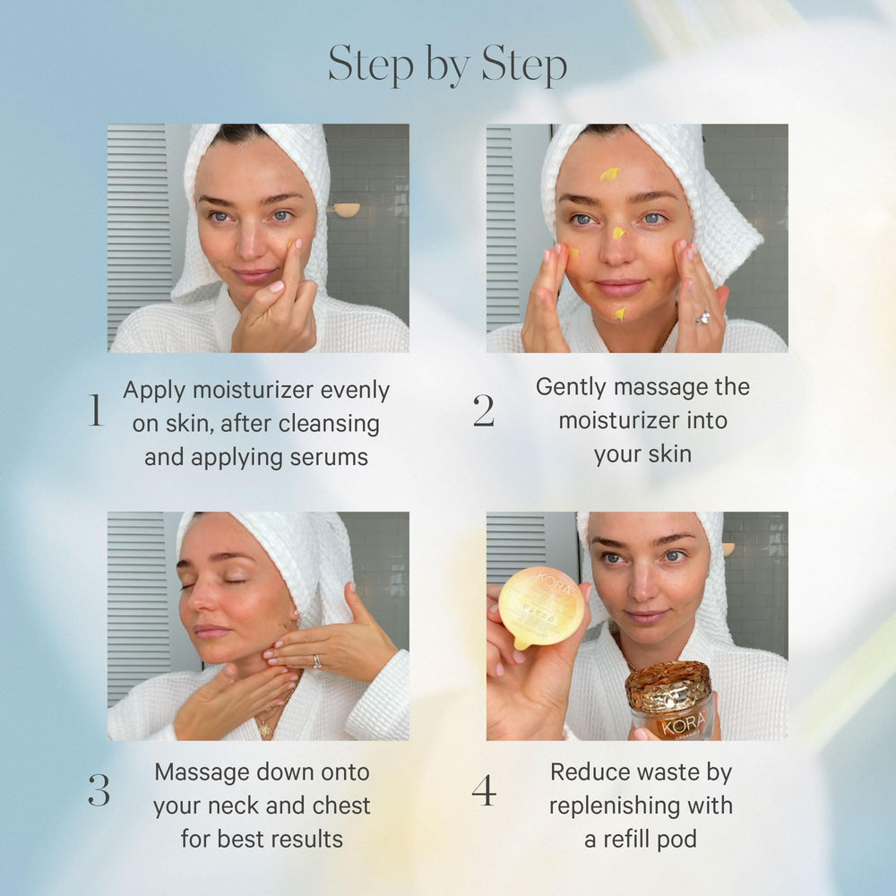 KORA Organics Turmeric Glow application with pearl-sized amount, ideal for day and night use.