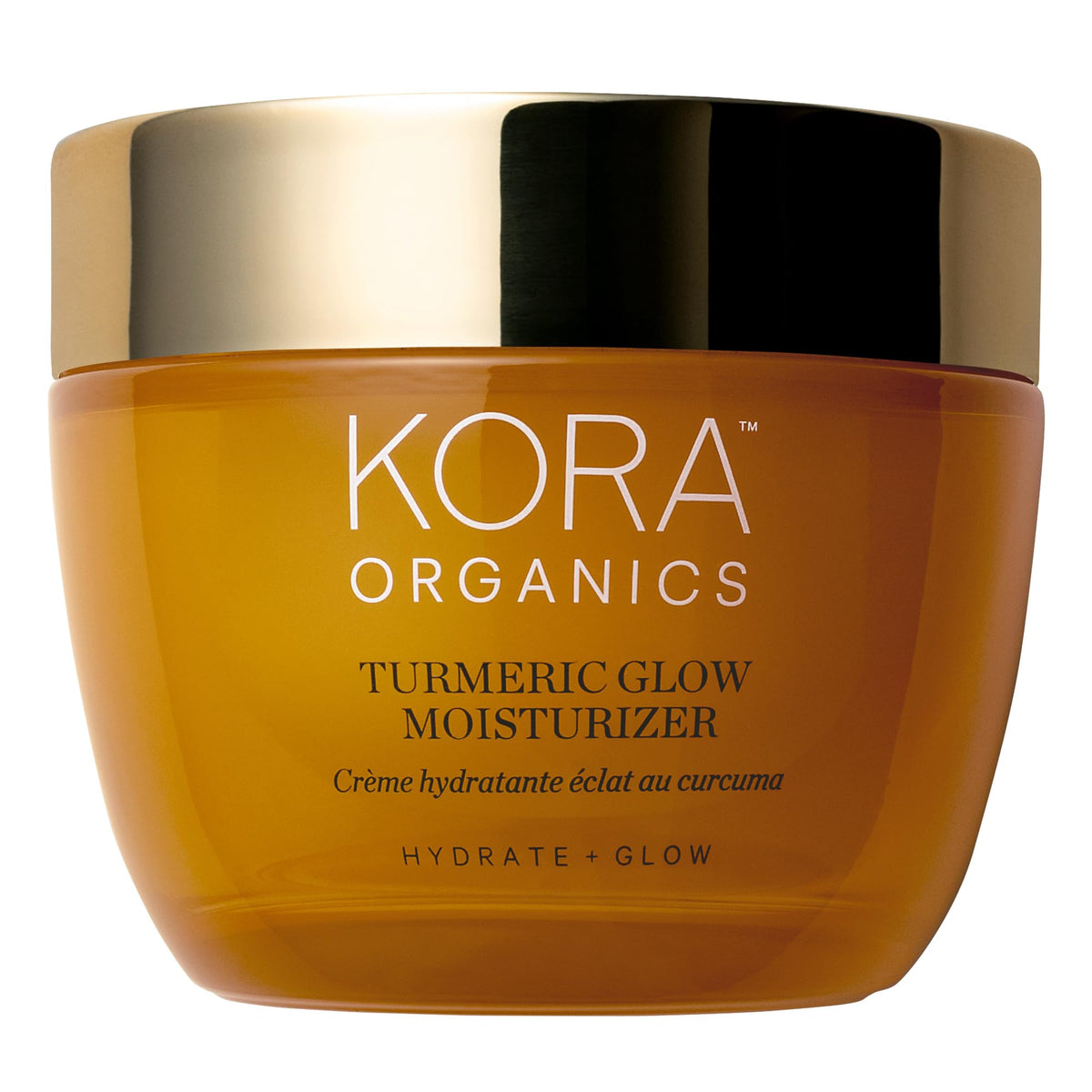 KORA Organics Turmeric Glow Moisturizer jar promotes hydration for radiant skin.
