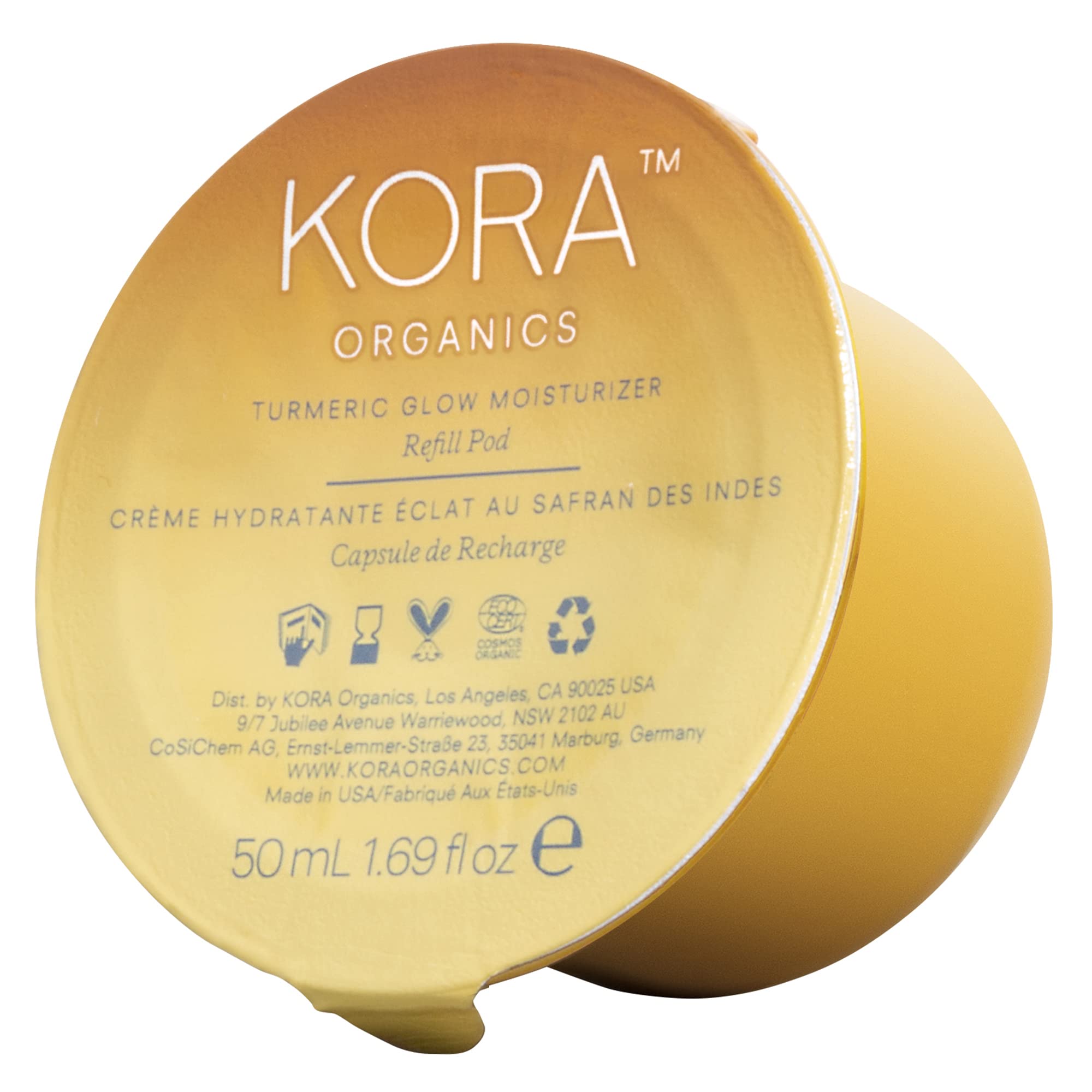 KORA Organics Turmeric Glow refill pod packaging, eco-friendly design for sustainable skincare.