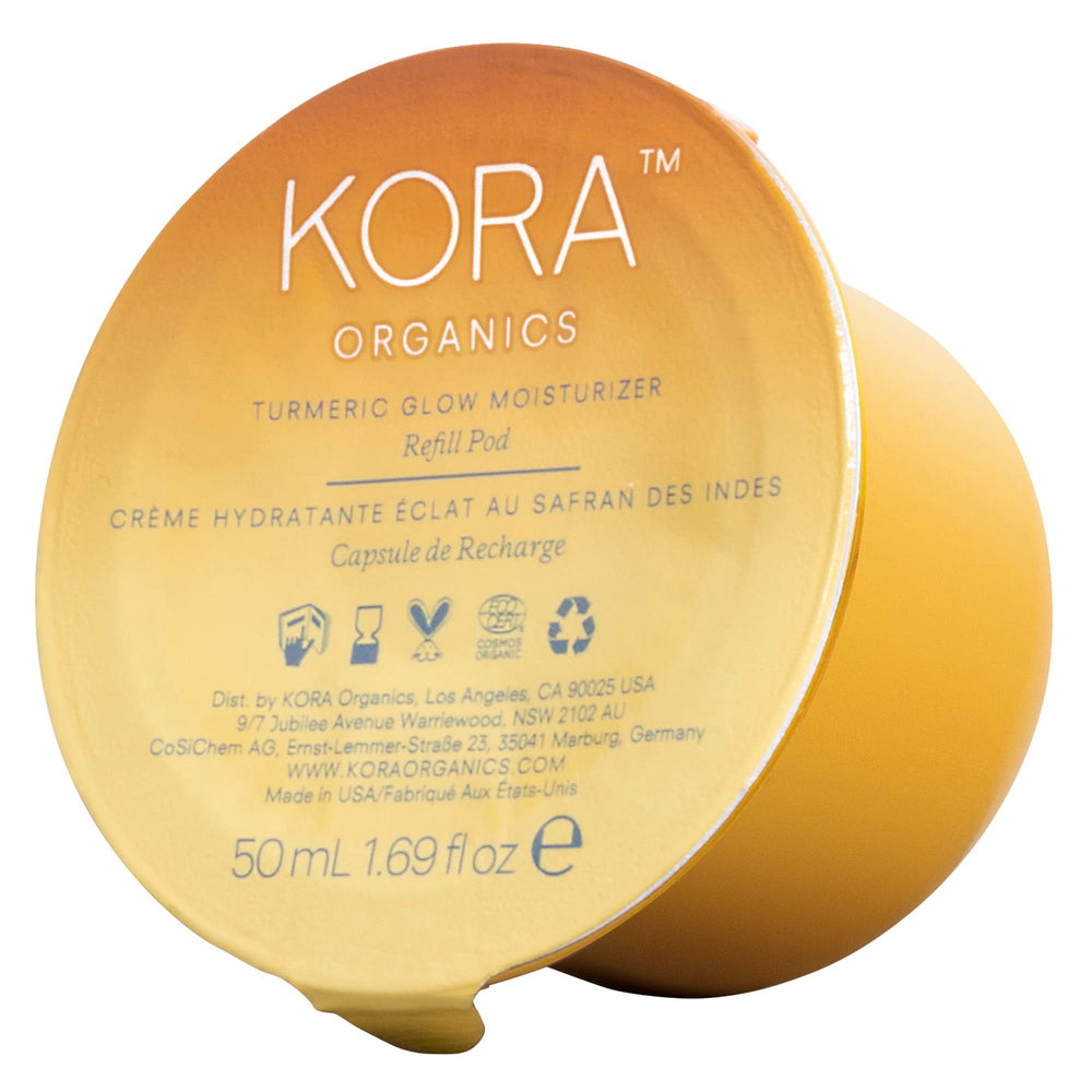 KORA Organics Turmeric Glow refill pod packaging, eco-friendly design for sustainable skincare.
