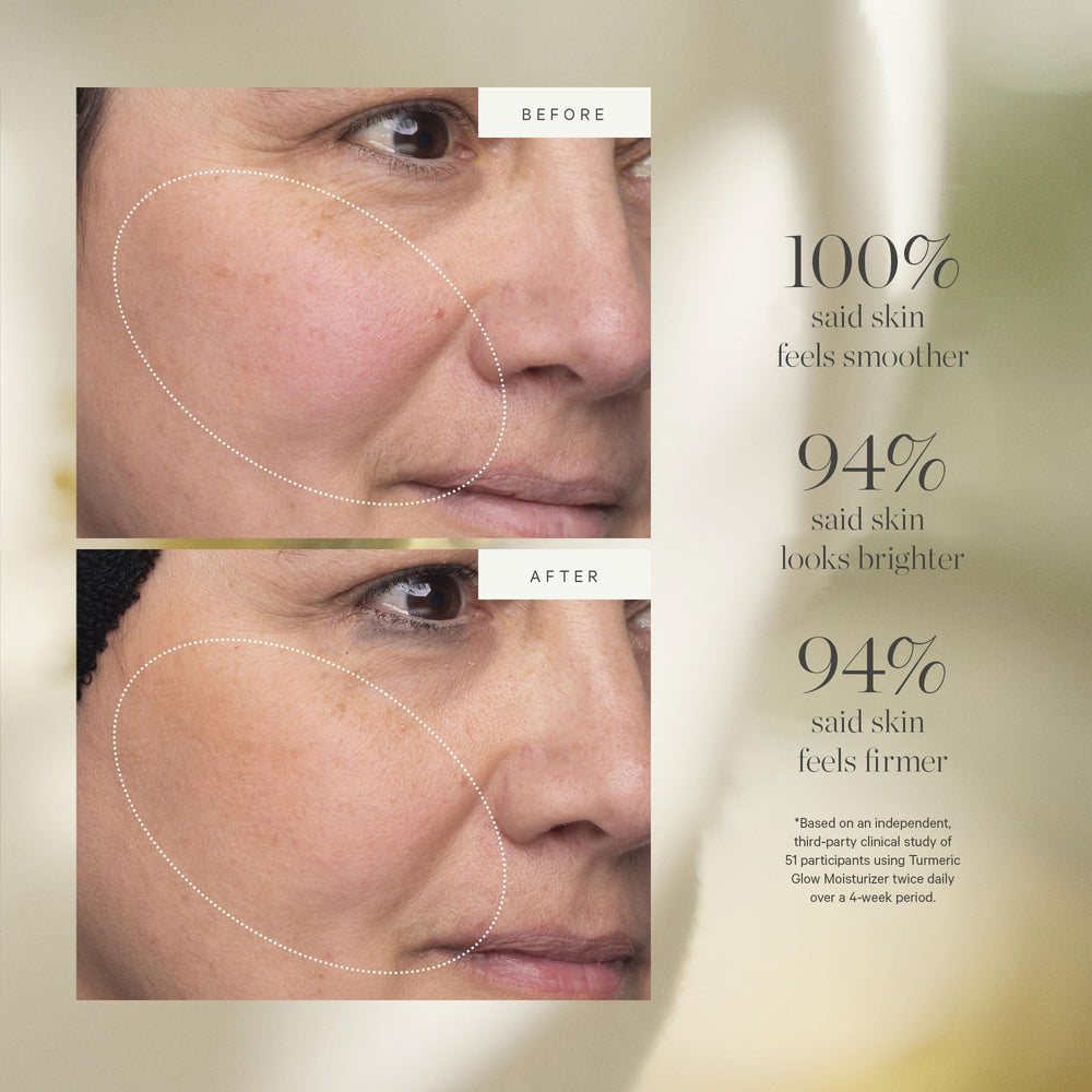 KORA Organics Turmeric Glow with rosehip oil detail, nourishing blend for radiant skin.