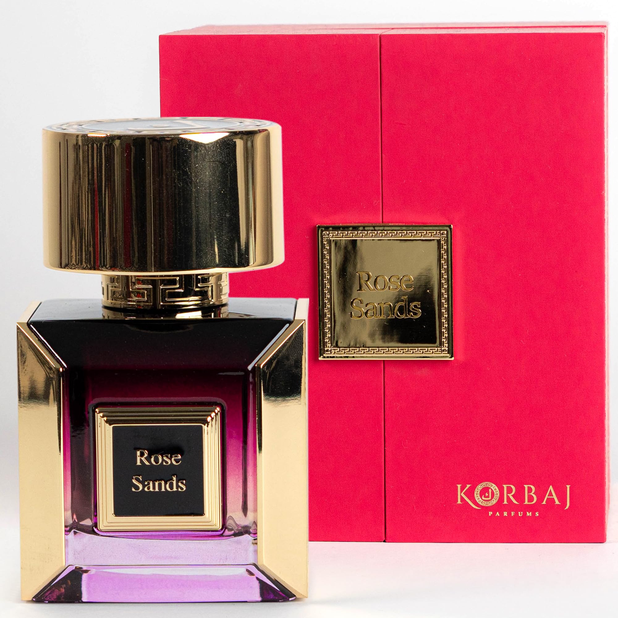 KORBAJ PARFUMS Rose Sands bottle front, showcasing a luxurious gourmand aroma for daily elegance