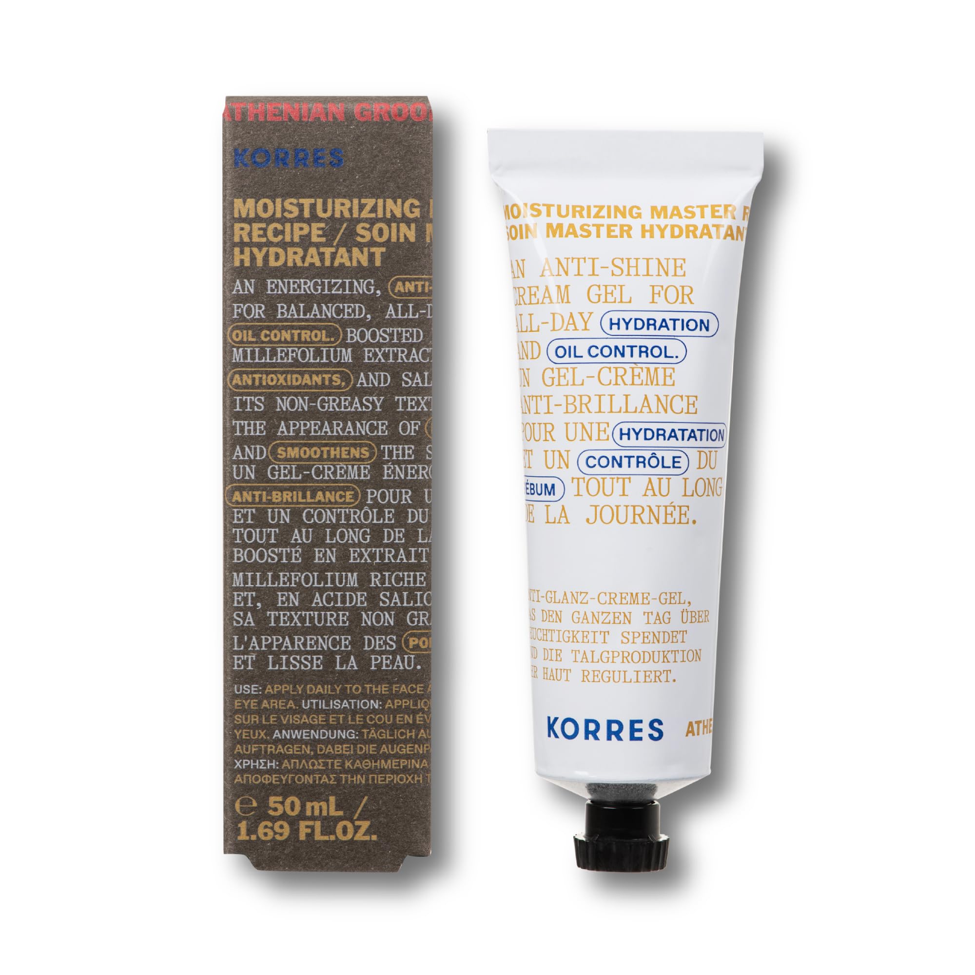 KORRES Athenian Grooming Mattifying Moisturizer texture close-up highlights fast absorption.