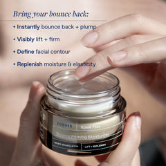 KORRES Black Pine Bounce Cream applied on cheek for plump, refreshed skin.