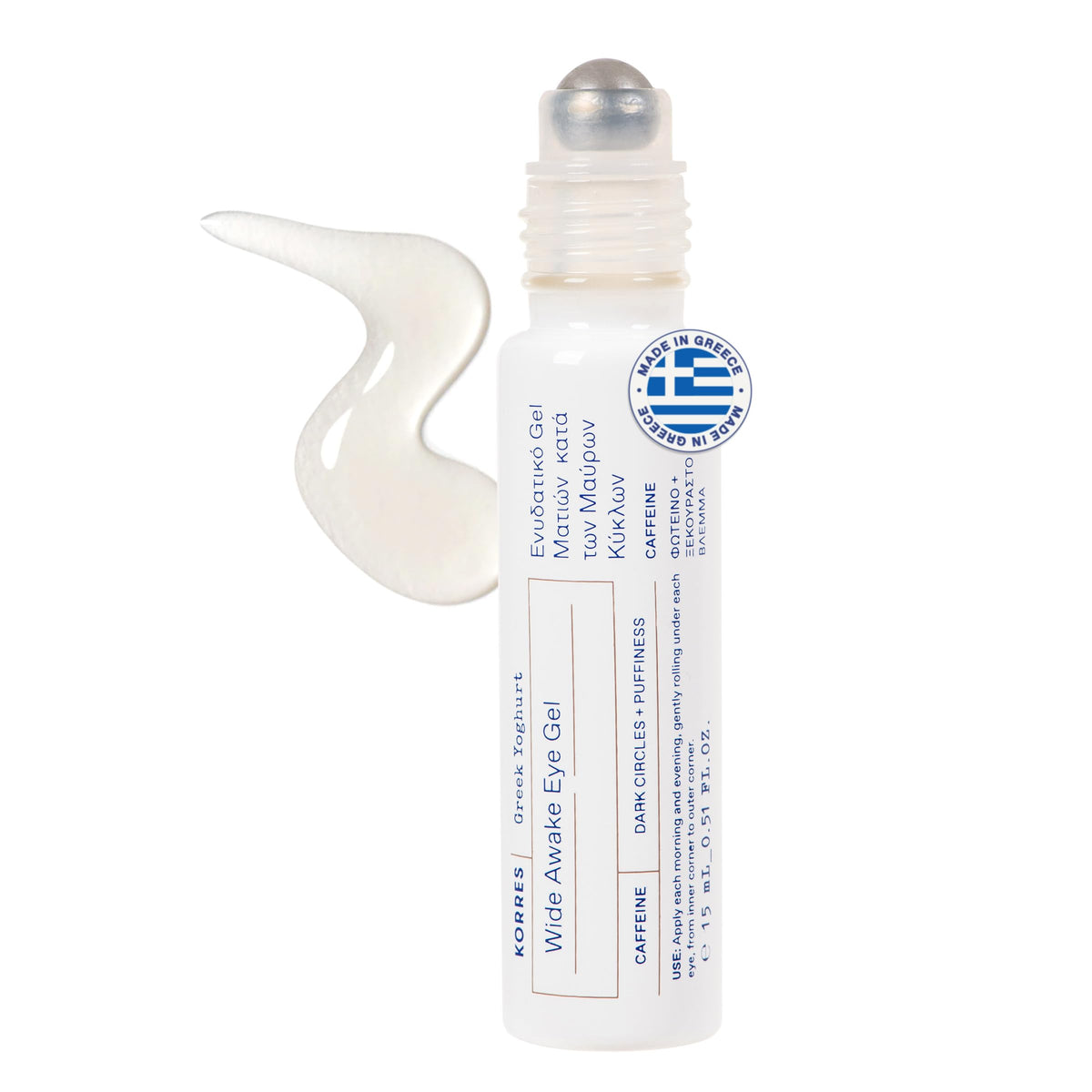 KORRES Greek Yoghurt Wide Awake Eye Gel roller in use for refreshing depuff