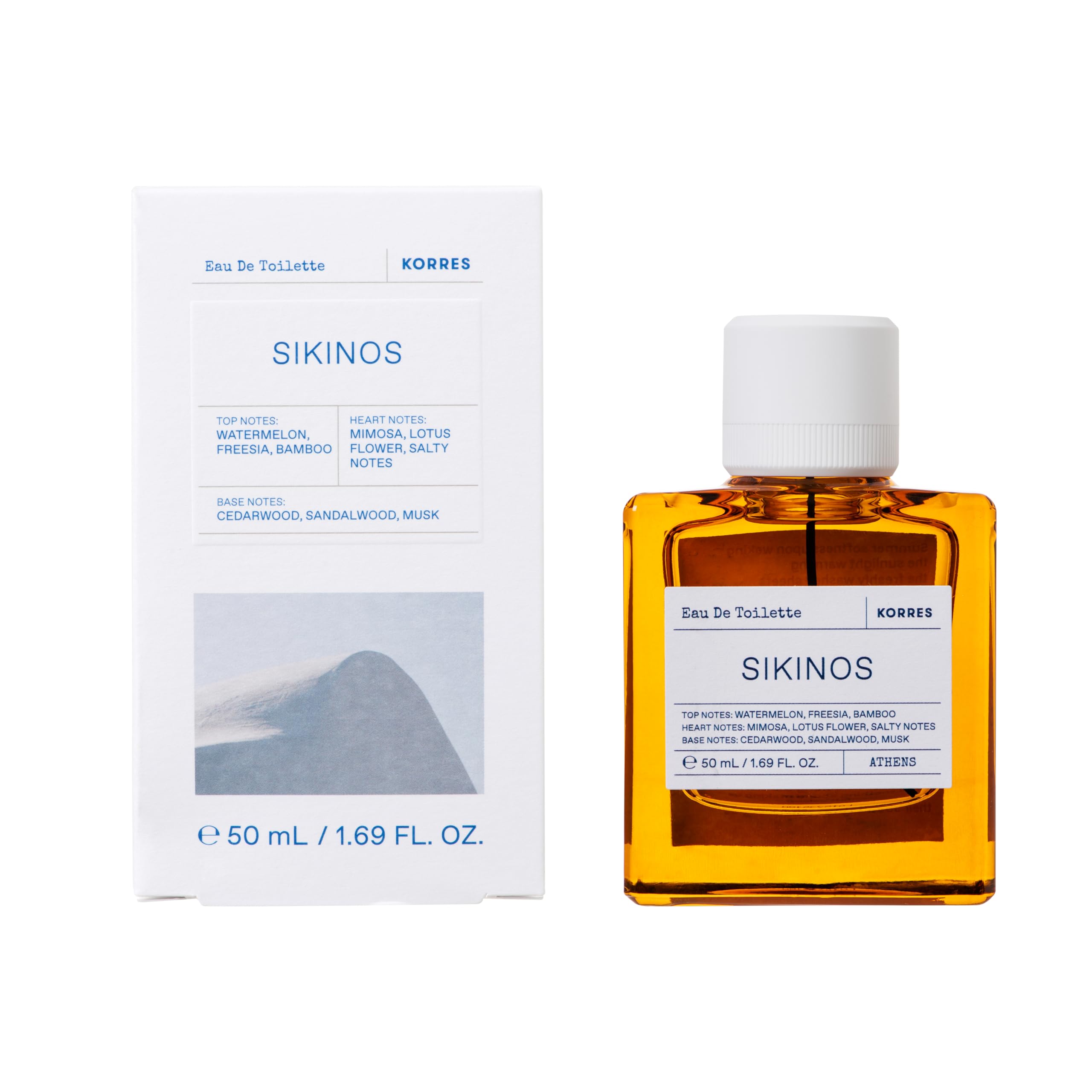 KORRES Sikinos heart notes reveal lotus and mimosa for a versatile scent.