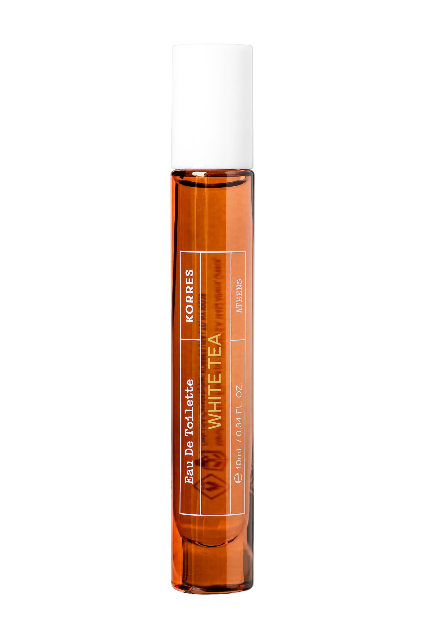 KORRES White Tea EDT bottle on a sunlit surface, offering fresh daytime appeal.