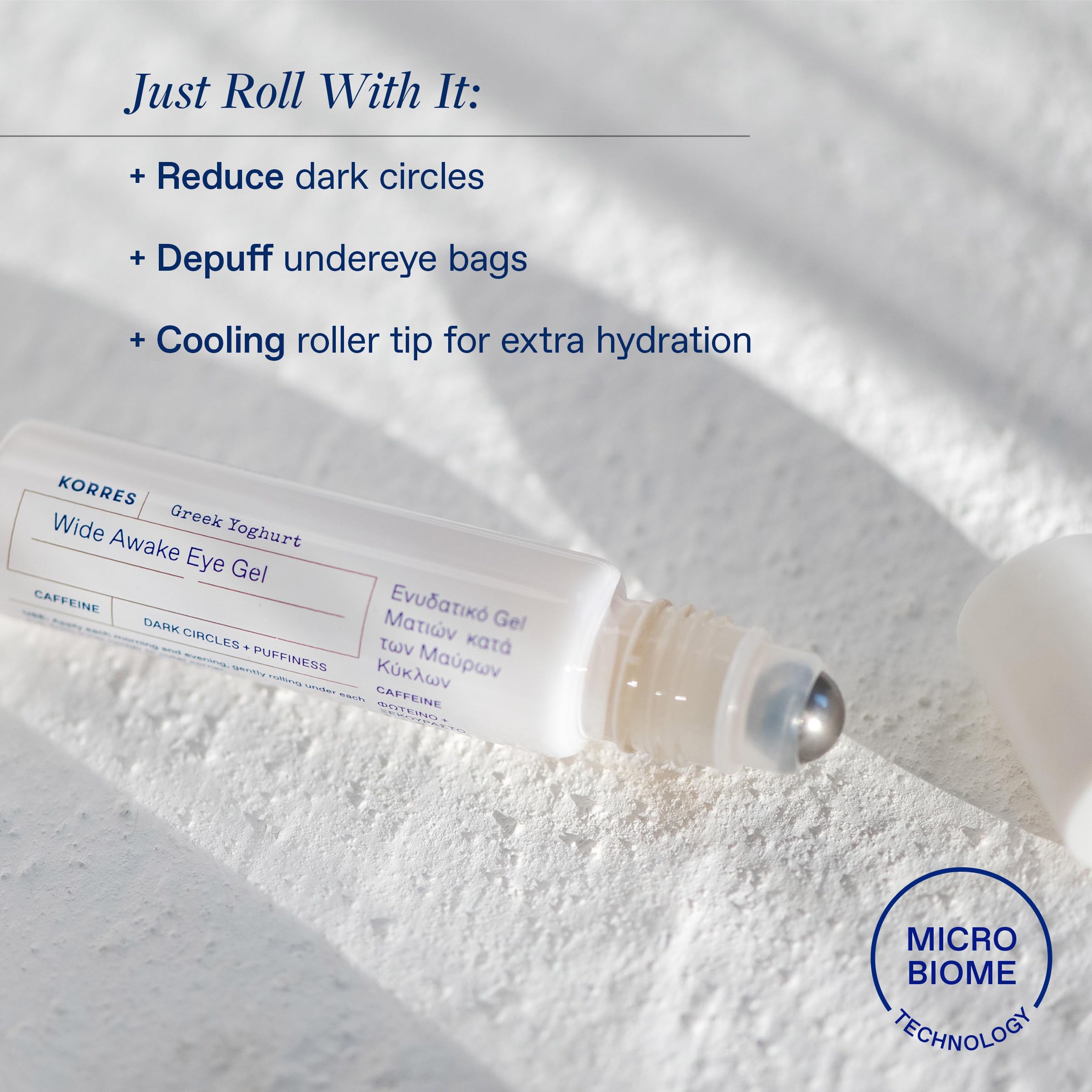 KORRES Wide Awake Eye Gel cooling roller application on the under-eye area