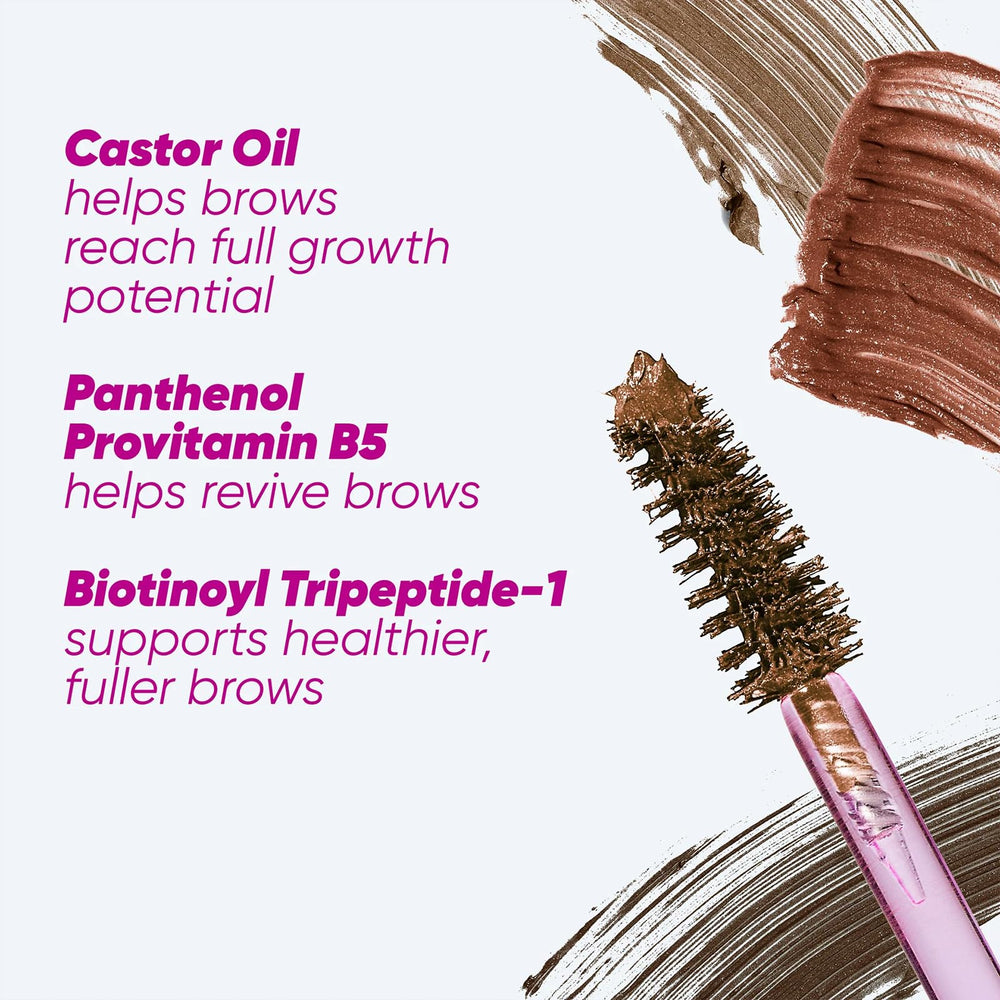 Kosas Air Brow Tinted Gel swatch reveals 5% castor oil and clean vegan ingredients.