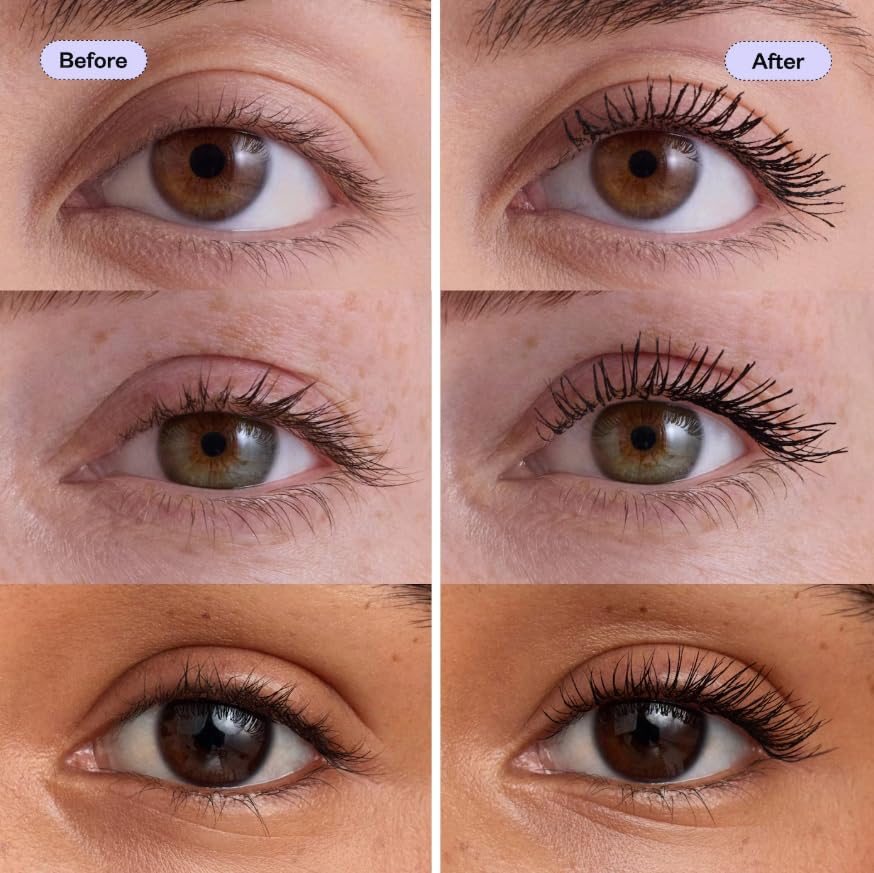 Kosas Blush Soulgazer Mascara on lashes shows lengthening and fluttery finish.