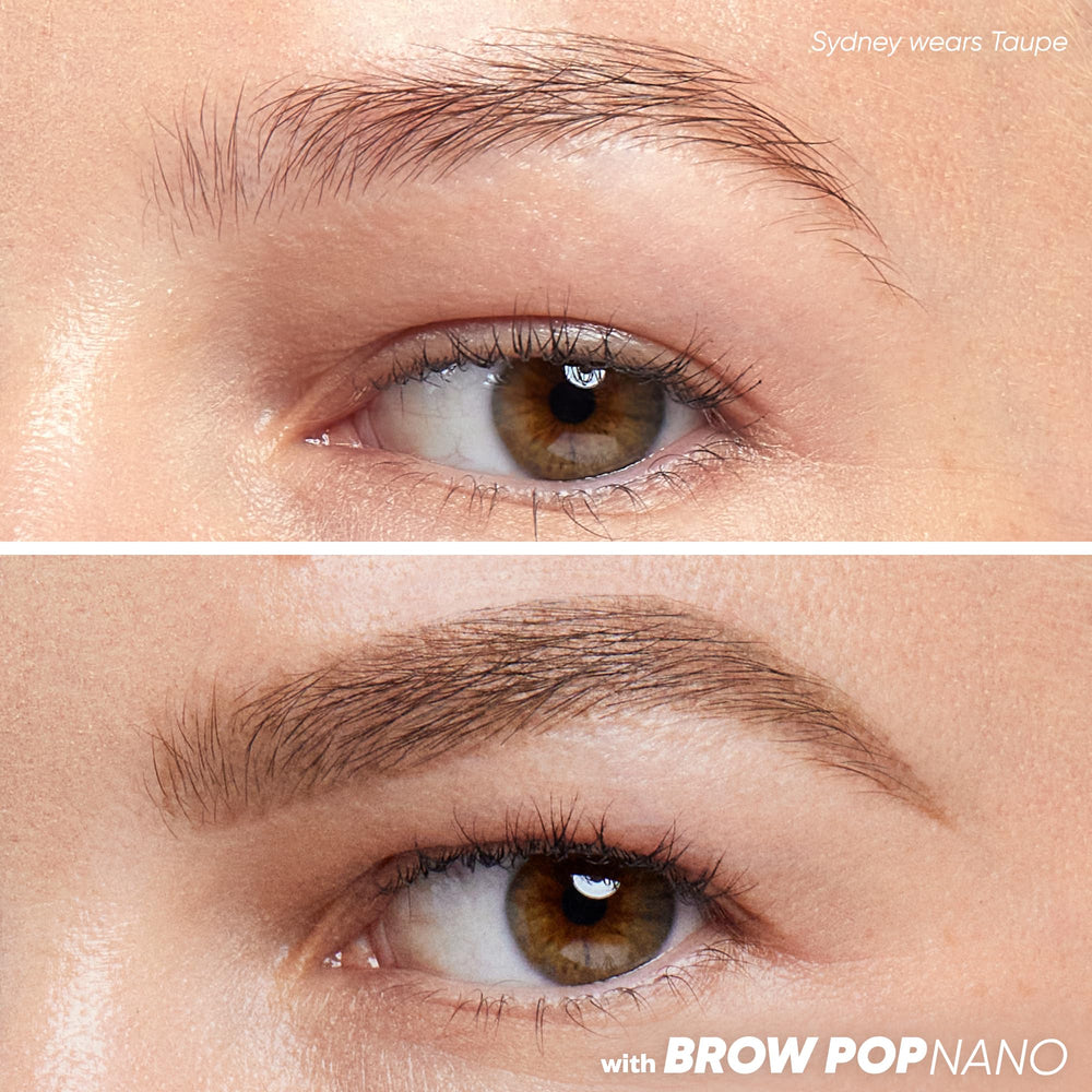 Kosas Brow Pop Nano during application shows feathery strokes for soft, defined brows.