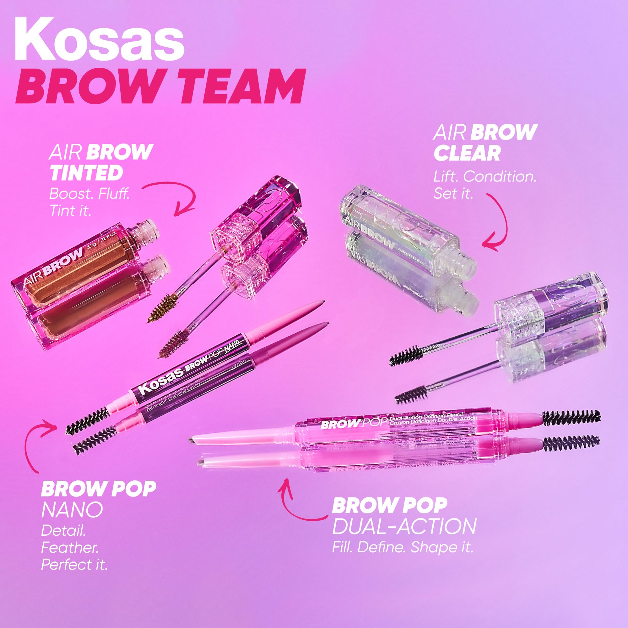 Kosas Brow Pop Nano packaging highlights features and shade options