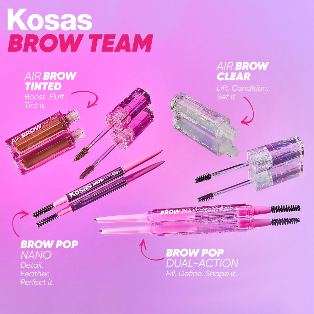 Kosas Brow Pop Nano packaging highlights features and shade options