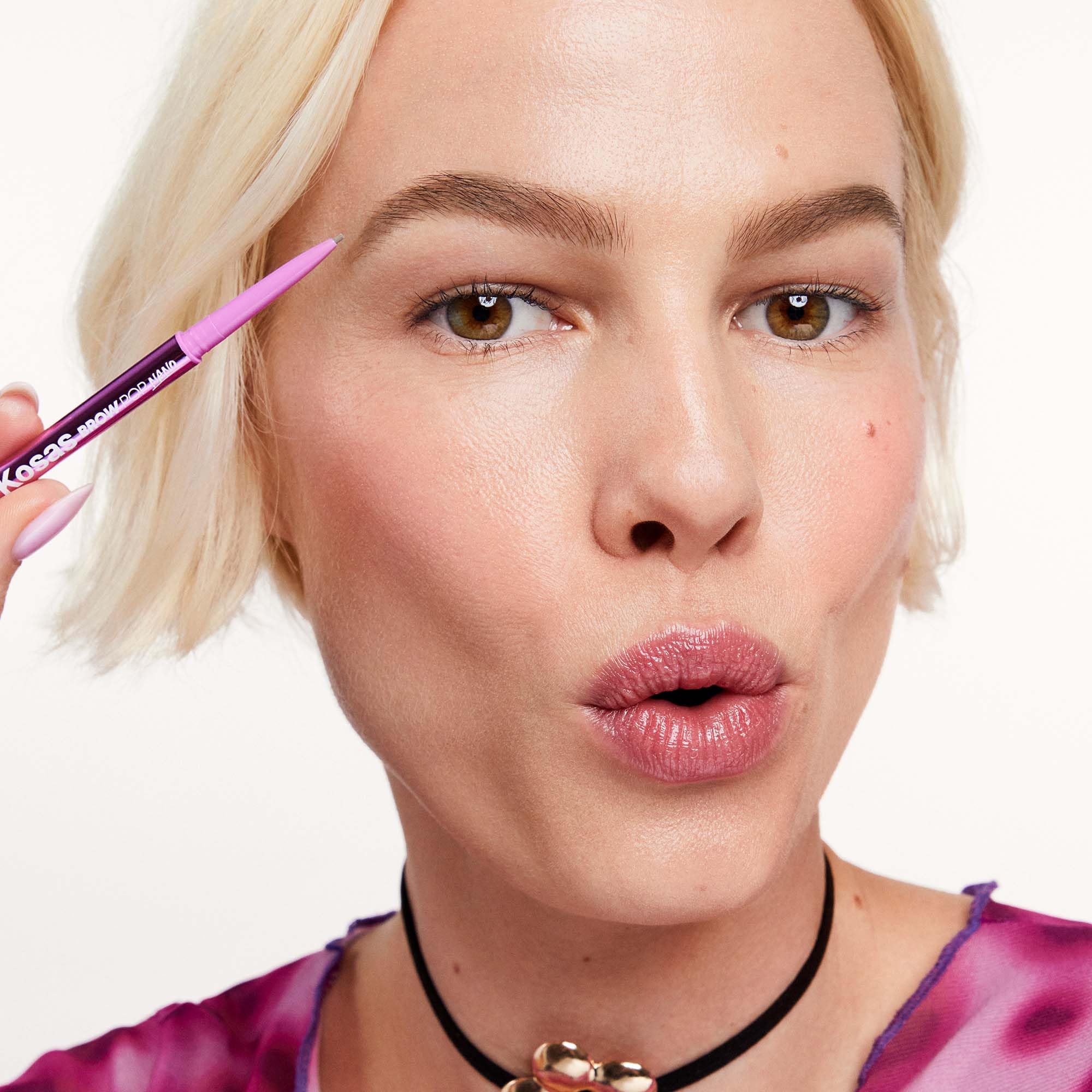 Kosas Brow Pop Nano packaging emphasizes dermatologist-tested hypoallergenic safety.