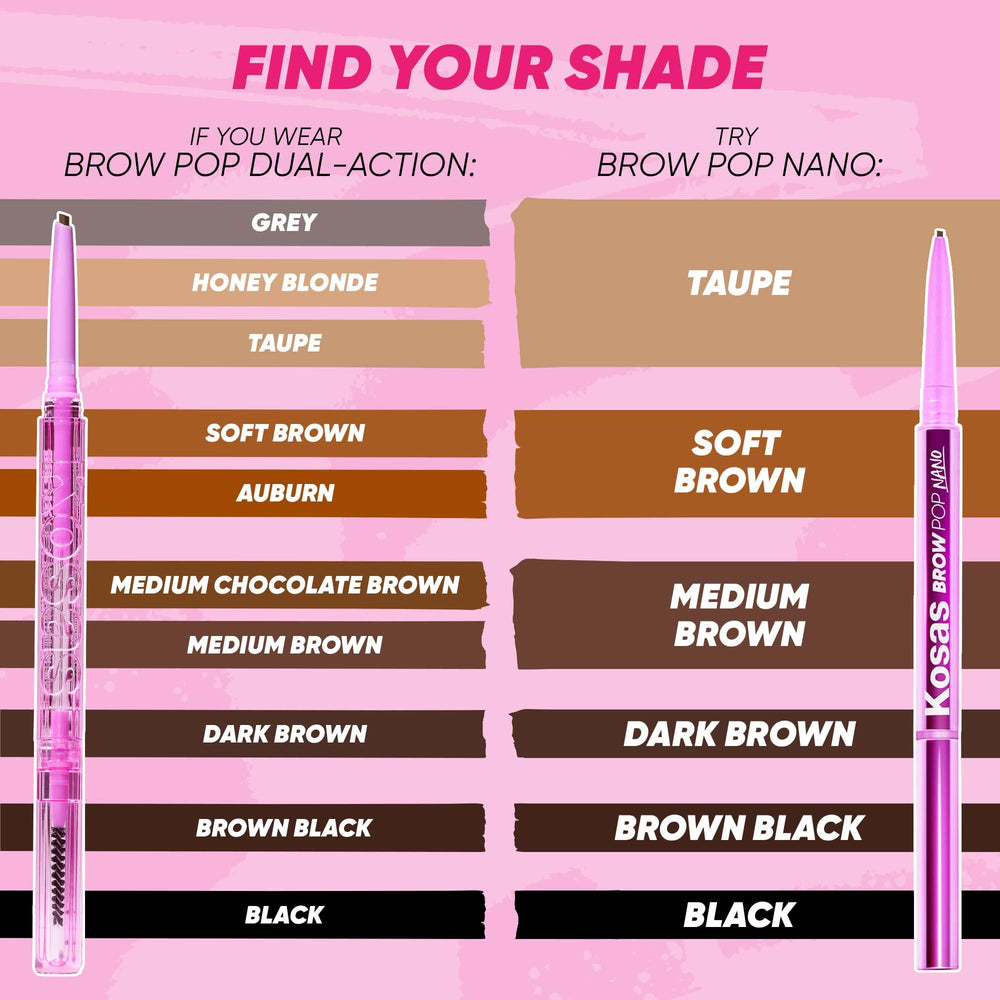 Kosas Brow Pop Nano shade swatch dark brown for rich definition