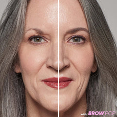 Kosas Brow Pop built-in spoolie blending the color for a seamless look.