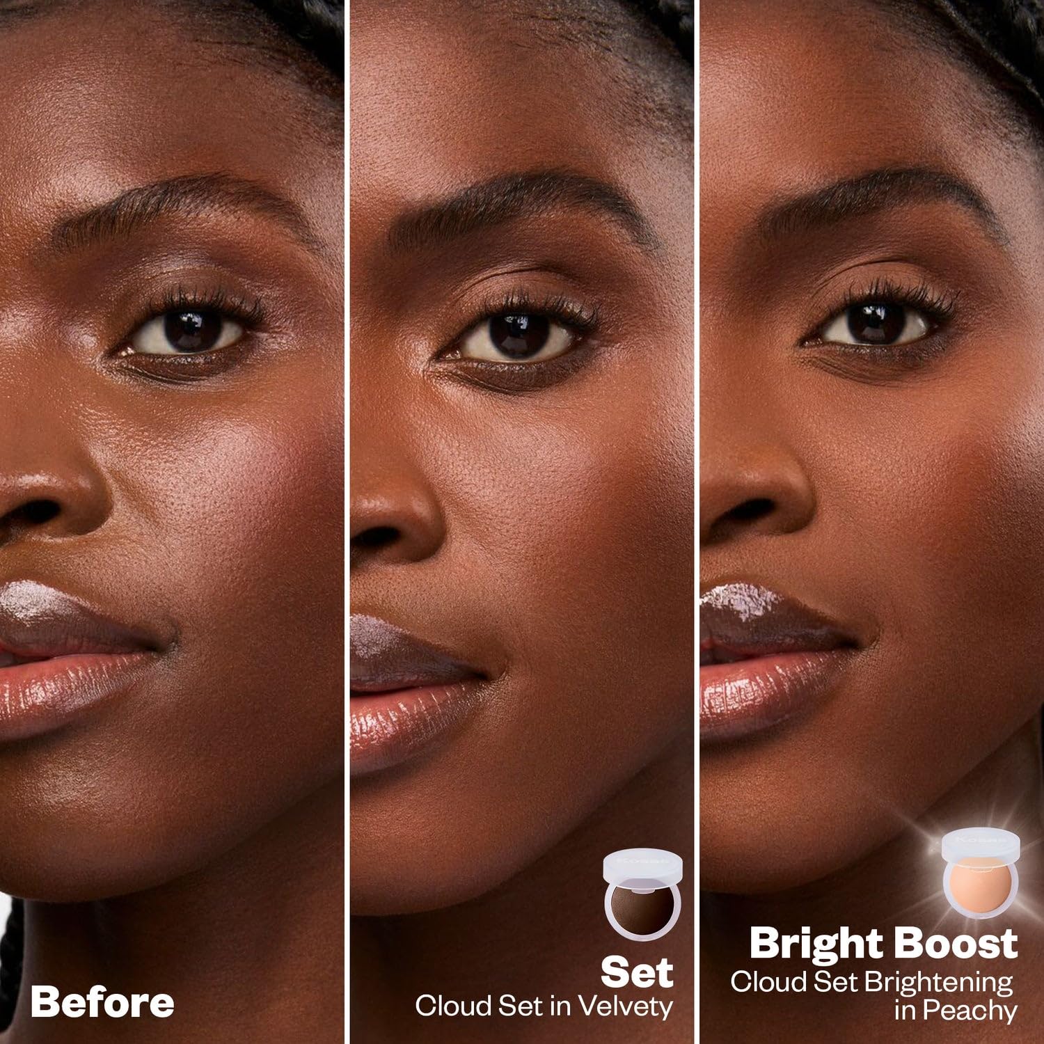 Kosas Cloud Set compact open demonstrates translucent application on skin.