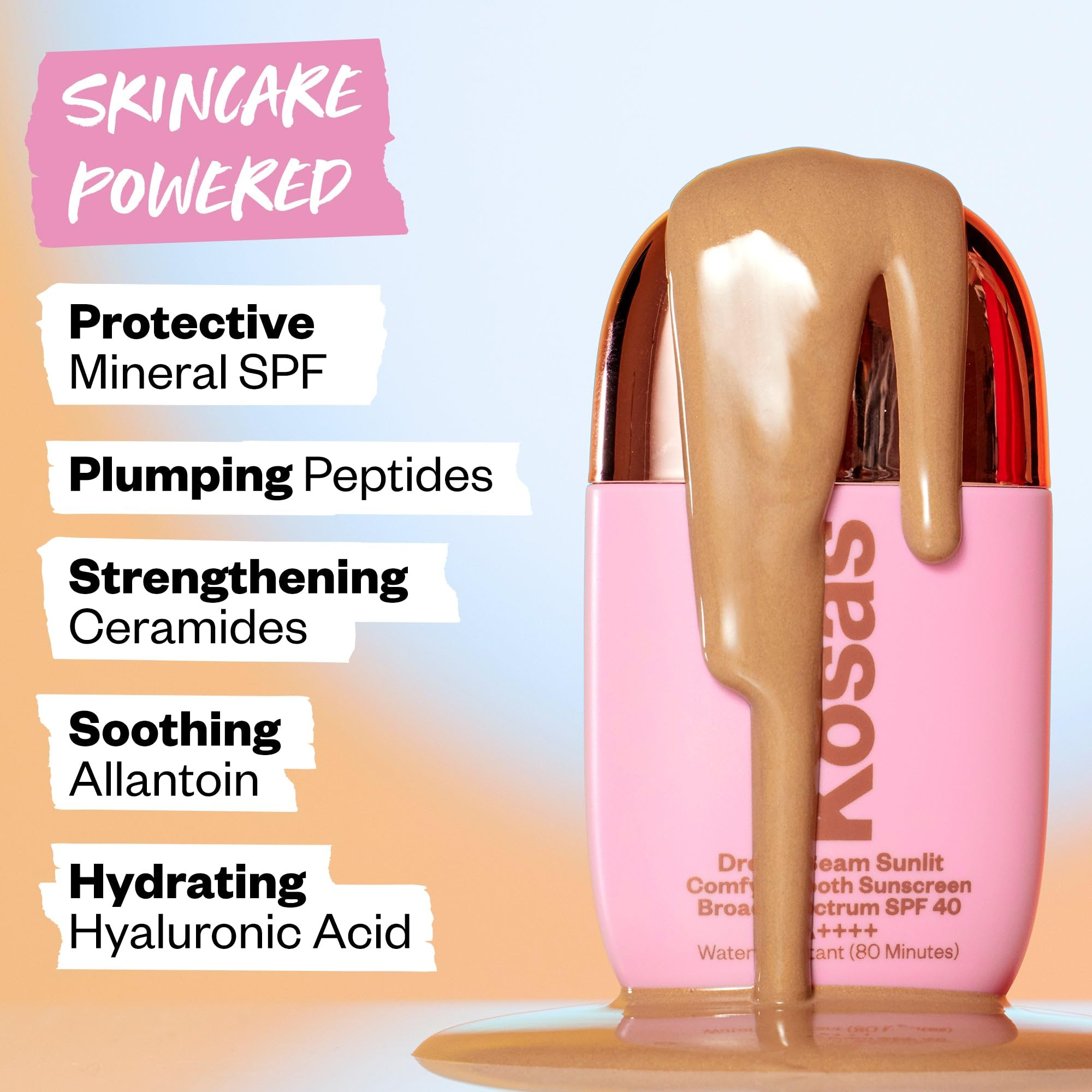 Kosas DreamBeam bottle with hyaluronic acid and ceramides illustration for moisturization.