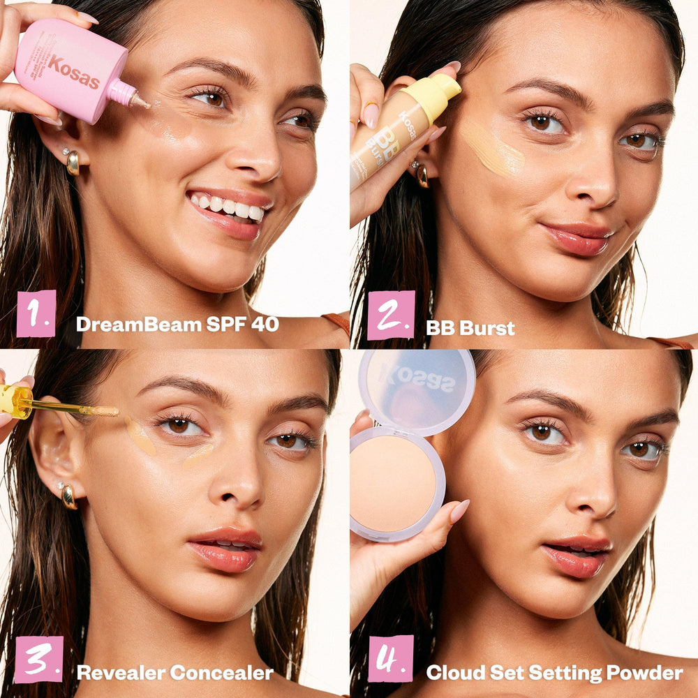 Kosas DreamBeam Sunlit shade delivering a warm golden glow on skin.
