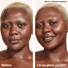 Kosas Glow I.V finger dab blending for seamless luminosity.