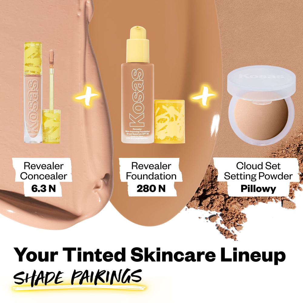 Kosas Revealer Concealer tone-swatches illustrate skin-nourishing ingredients at work.