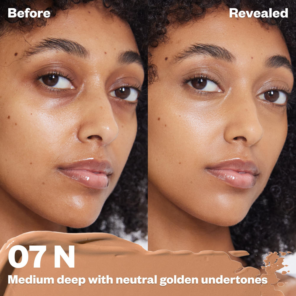 Kosas Revealer Concealer under-eye application shows brightening and concealment.