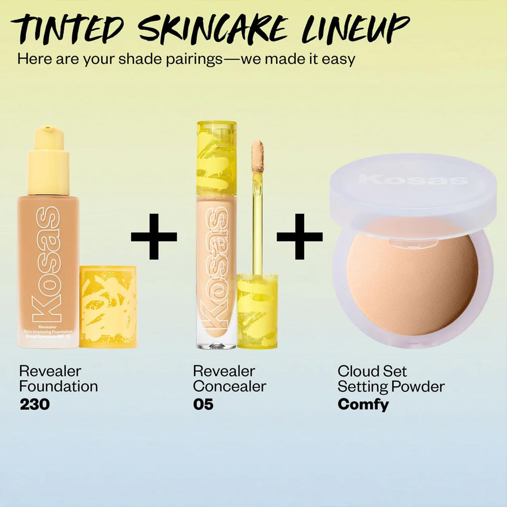 Kosas Revealer bottle highlights skincare actives like hyaluronic acid and niacinamide.