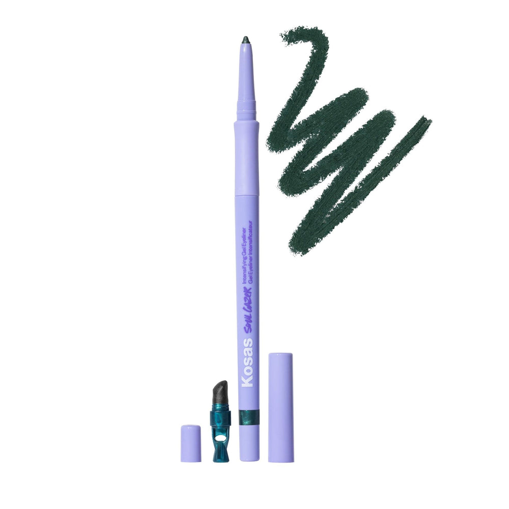 Kosas Soulgazer emerald green satin eyeliner swatch for precise definition.