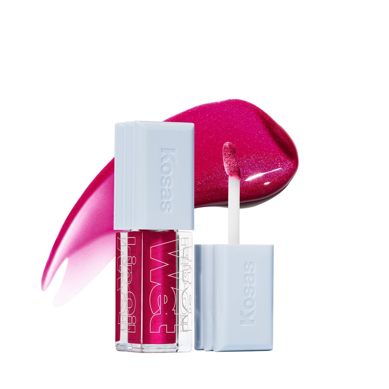 Kosas Wet Lip Oil Gloss bottle close-up showing hydrating shine on lips.