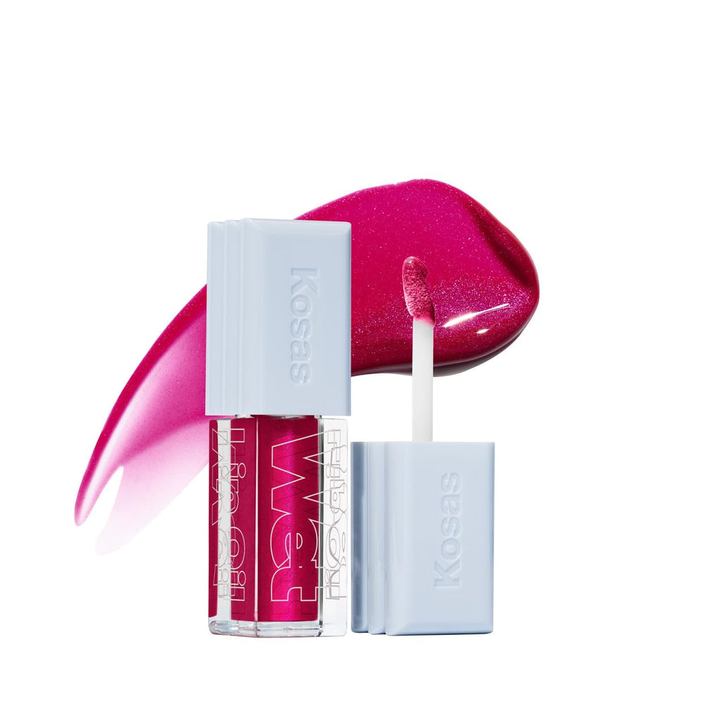 Kosas Wet Lip Oil Gloss bottle close-up showing hydrating shine on lips.
