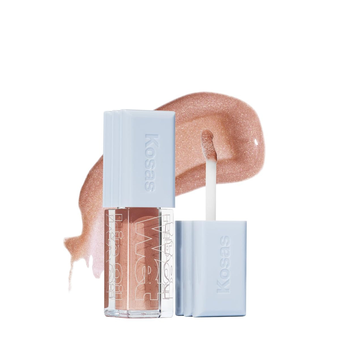 Kosas Wet Lip Oil Gloss bottle pour showing hydrating gloss and plump appearance