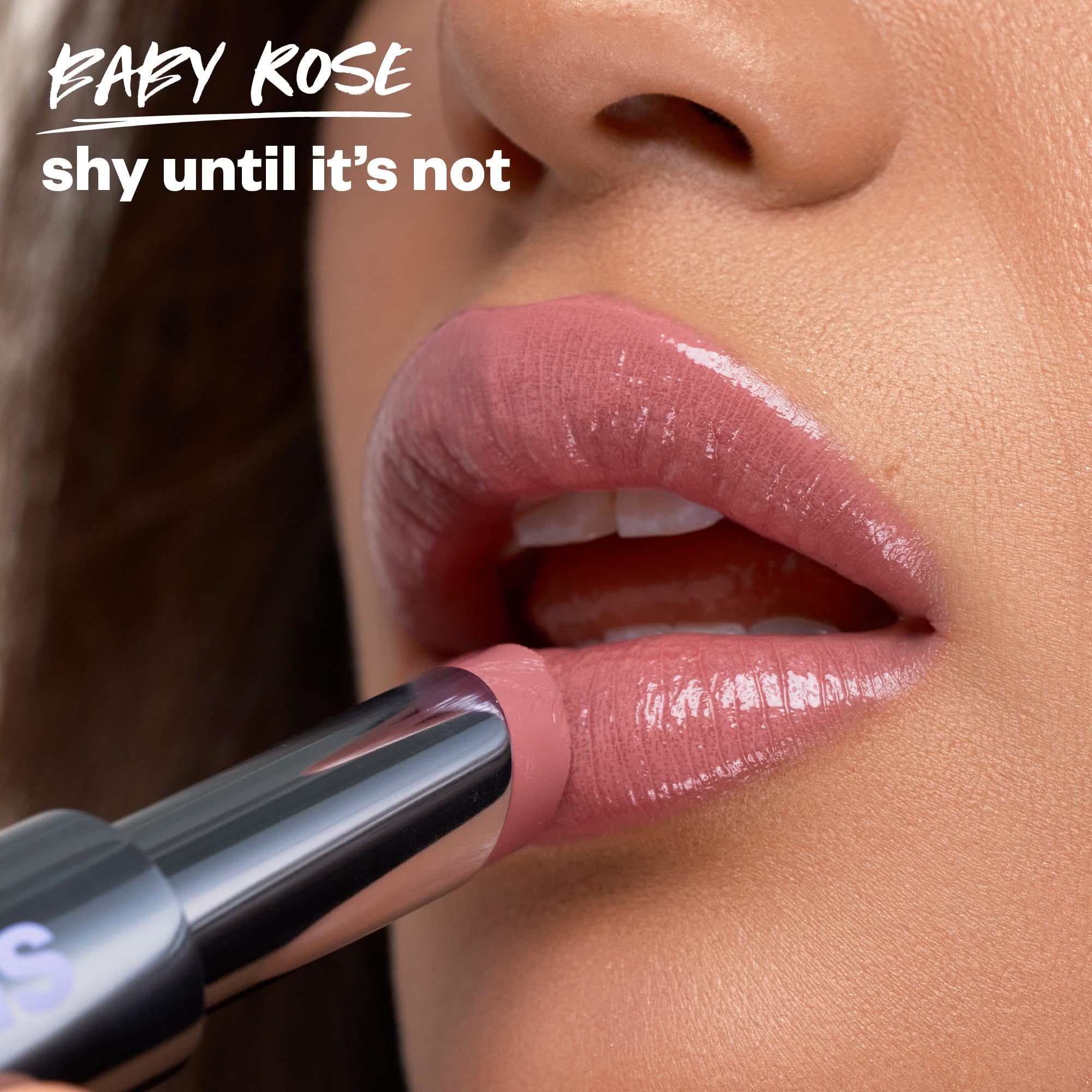 Kosas Wet Stick close-up texture highlights a balmy, comfortable feel on lips.
