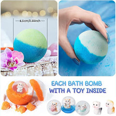Kottke bath bombs reveal an animal toy inside during fizzing.