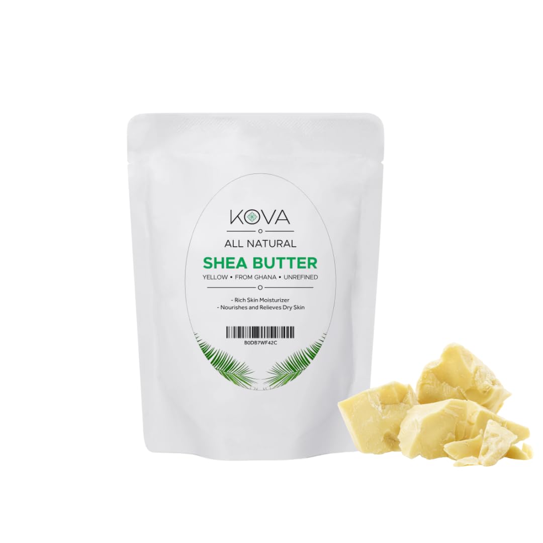 Kovafood Yellow Shea Butter packaging highlights pure, unrefined formula for daily moisturization.