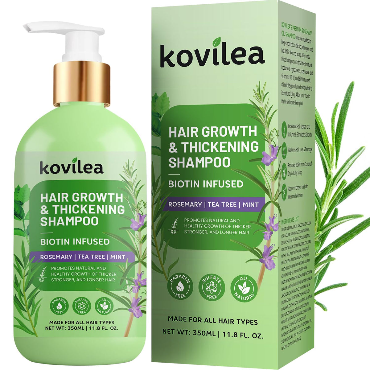 Kovilea shampoing romarin et biotine – bouteille visible, cheveux plus volumineux