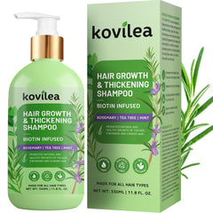 Kovilea shampoing romarin et biotine – bouteille visible, cheveux plus volumineux