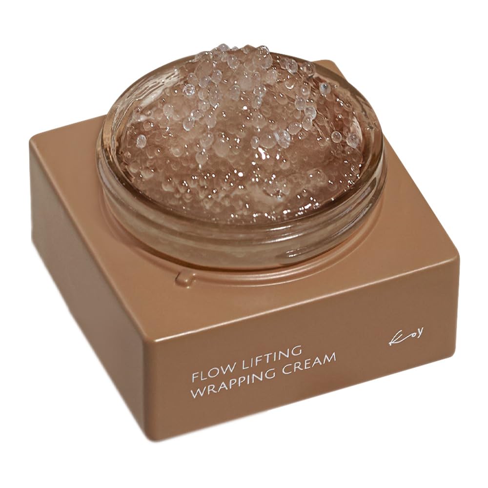 KOY Flow lifting-wrapping cream bottle close-up shows hydration and radiance.